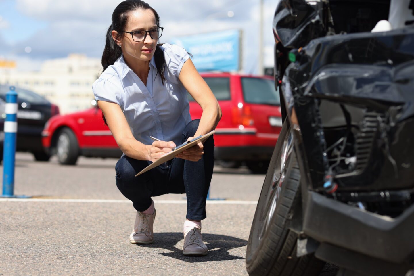 A person squatting next to a crashed vehicle with a clipboard in her hand