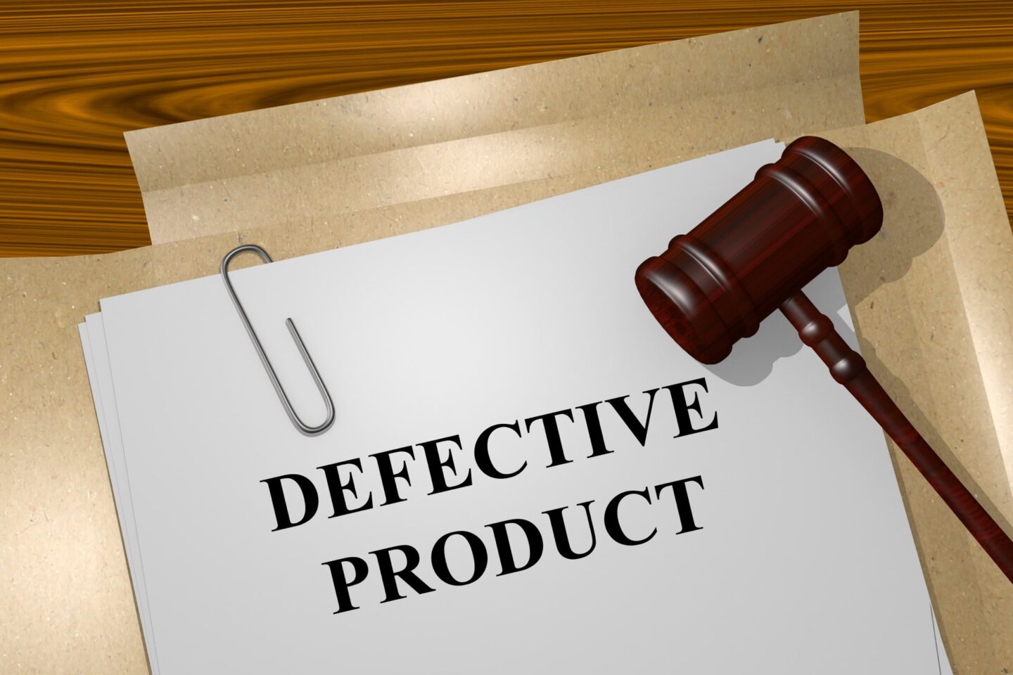Piece of paper that says Defective Product with a paper clip and gavel