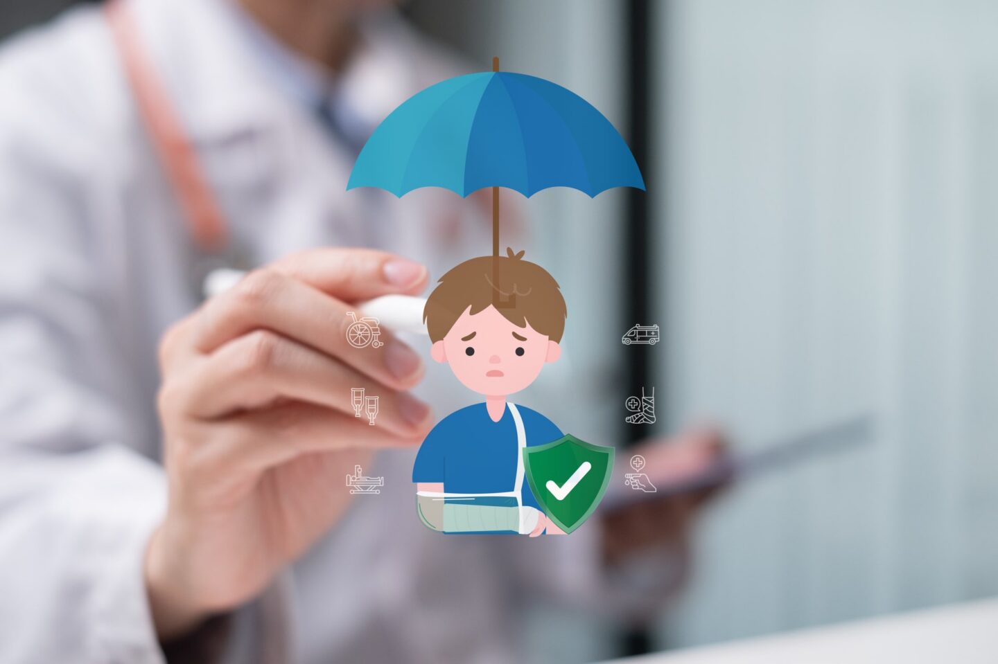 A person pointing to a screen with a sad kid on it