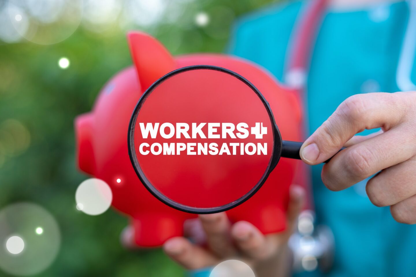 A person holding a red pig piggy bank with a magnifying glass over the words that say workers compensation