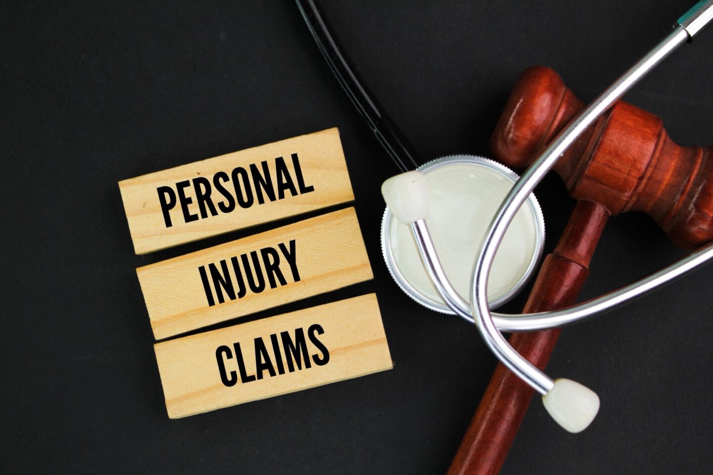 Judges gavel, stethoscope and wooden blocks that say personal injury claims