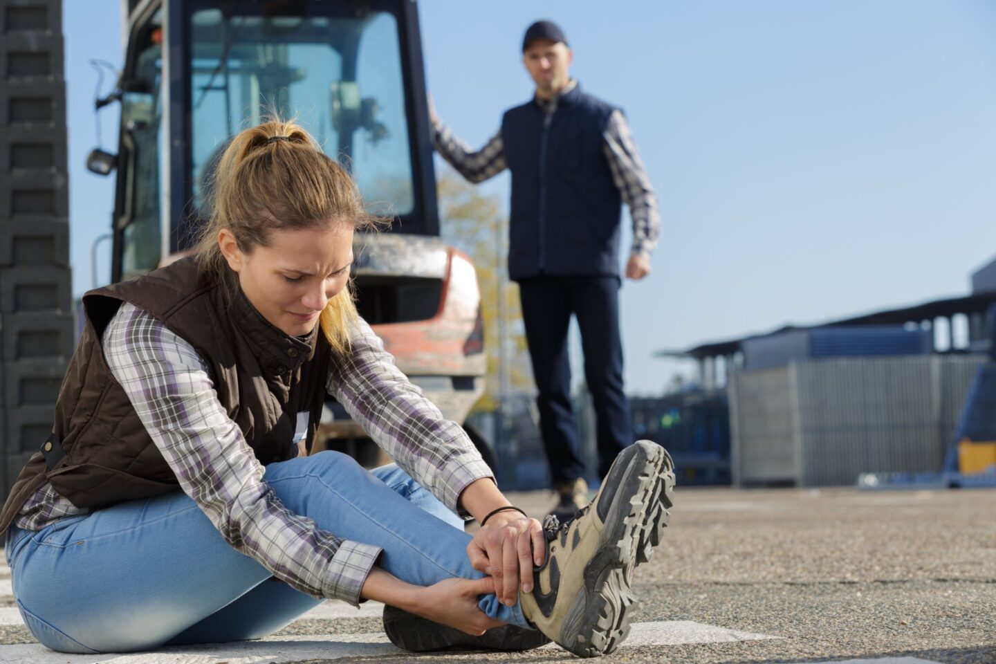 Man standing next to work equipment looking at a woman sitting on the floor holding her ankle